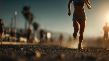 Early morning runners participate in a local track event along a dusty road photo