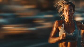 Woman runs vigorously on city street during sunset showcasing determination and athleticism photo