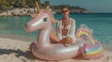 Young woman relaxes on unicorn float at sunny beach with clear blue water and sandy shore during daytime photo