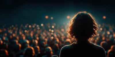 Audience captivated by speaker during nighttime event in a dimly lit venue photo