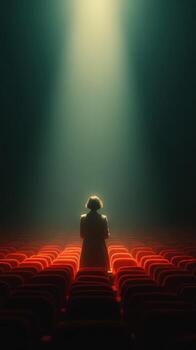Individual stands alone in an empty theater illuminated by a dramatic spotlight during a performance at night photo