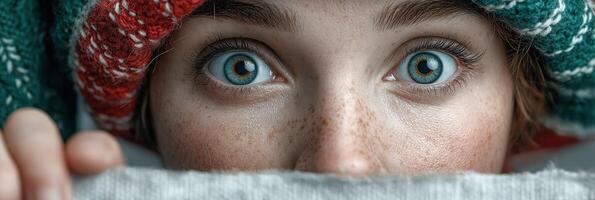 Young person with striking blue eyes peeking from underneath cozy knitwear in a winter setting photo