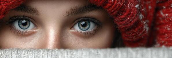 Beautiful close-up of a young woman with striking blue eyes wearing a red winter hat and gray scarf in a snowy outdoor setting photo