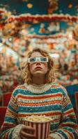 Moviegoer enjoying a colorful retro cinema experience with 3D glasses and popcorn in a vibrant setting photo