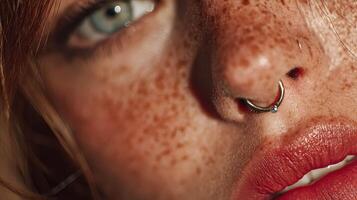 Close-up portrait of a young person showcasing freckles and unique nose jewelry with striking blue eyes photo