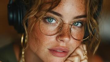 Young woman with freckled skin and glasses listens to music while resting her chin on her hand in a cozy setting photo
