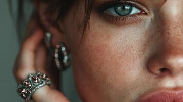Close up view of a woman's face showcasing striking features and intricate jewelry in natural light photo