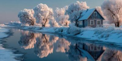 Winter landscape with frosted trees and a rustic house by a calm river at dawn photo