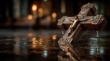 Cross with Jesus figure resting in tranquil water during a serene moment of reflection in a peaceful setting photo