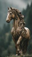 Intricate wooden horse sculpture stands majestically against a misty mountain backdrop in nature photo