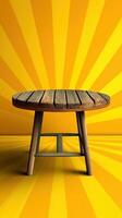 Wooden table set against vibrant yellow sunburst background creating an energetic atmosphere for gatherings photo