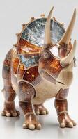 Digital sculpture of a triceratops designed with a wireframe texture and realistic details in a neutral background setting photo