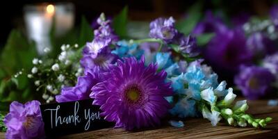 Vibrant arrangement of flowers with a thank you card on wooden table photo