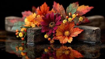 Beautiful autumn floral arrangement on rustic wood with reflections and vibrant colors photo