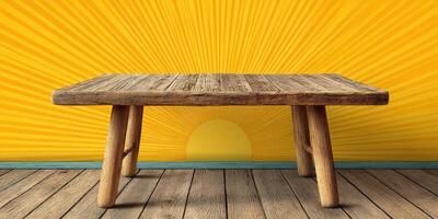 Wooden table in front of vibrant yellow wall at sunset highlights a cozy atmosphere for relaxation or gathering photo