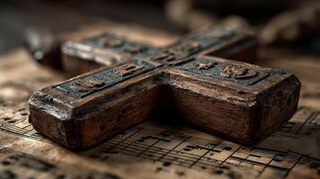 Intricate wooden cross placed on vintage sheet music in a dimly lit setting highlighting craftsmanship and spirituality photo
