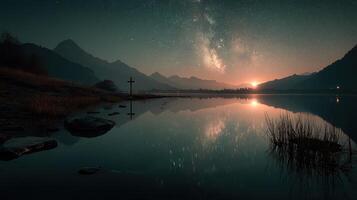 Stunning view of the Milky Way over a tranquil lake at dusk with mountains in the background photo