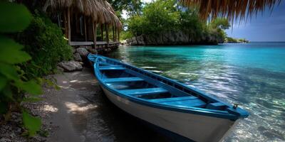 Colorful boat rests on the sandy shore at a tranquil beach surrounded by lush greenery and crystal-clear waters photo