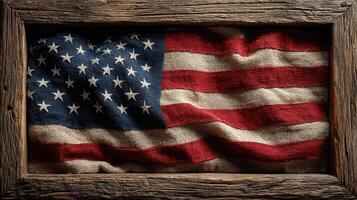 Worn American flag displayed in a rustic wooden frame showcasing national pride and history photo