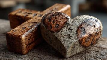 Wooden heart and cross on rustic table display craftsmanship and natural beauty in calming setting photo