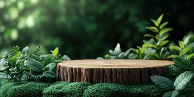 Wooden stump surrounded by lush greenery in a serene forest environment during daylight photo