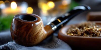 Decorative wooden smoking pipe with tobacco and soft lighting in a cozy atmosphere during an evening setting photo