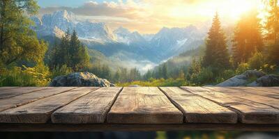Stunning mountain landscape with a wooden platform at sunrise illuminating nature photo