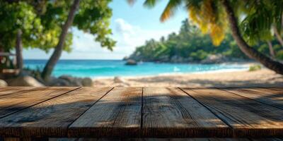 Scenic beach view with a wooden table foreground near clear ocean water on a sunny day photo