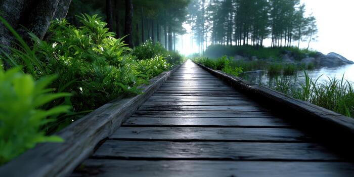 Wooden pathway leading through lush greenery toward a misty lake at dawn in a serene forest setting photo