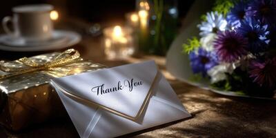 Elegant table setting with a thank you card, flowers, and a gift during an evening gathering photo