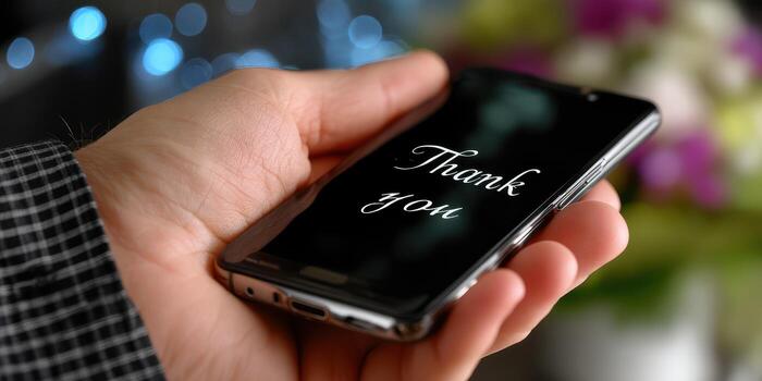 Hand holding smartphone displaying 'Thank you' message with blurred background featuring plants and soft lights photo