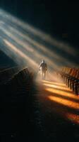 Elderly person walks through an empty theater illuminated by rays of sunlight in a moment of quiet reflection photo