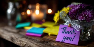 Colorful thank you notes and flowers are arranged on a rustic wooden table during a cozy gathering in a warm setting photo