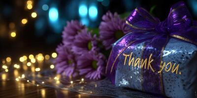 Special thank you gift wrapped beautifully with flowers in soft lighting photo