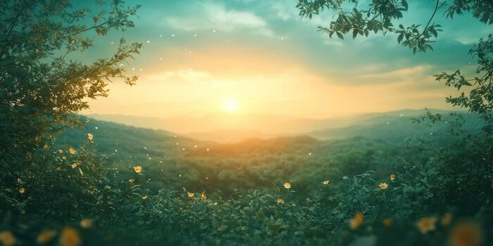 Sunrise over lush hills with soft clouds and blooming flowers in a tranquil natural setting photo