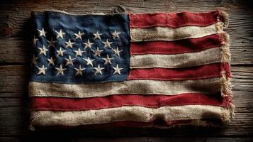 Worn American flag resting on rustic wooden surface highlighting its historical significance and craftsmanship photo