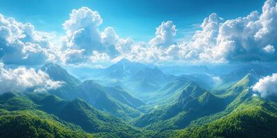 Breathtaking view of lush mountains under a clear blue sky with fluffy white clouds during midday light photo