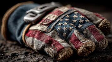 Work glove resting on a rugged surface with American flag design during a manual labor task photo