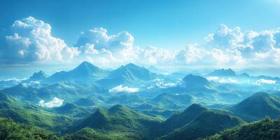 Majestic mountain range under a clear blue sky with fluffy clouds in a serene natural landscape photo