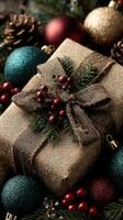 Gift box wrapped in burlap with festive decorations among holiday ornaments and pine cones photo