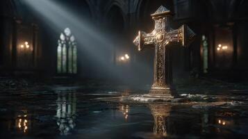 Golden cross illuminated by soft light in an ancient, dimly lit cathedral setting creating a serene and sacred atmosphere photo