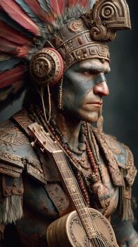 Traditional warrior dressed in intricate attire holding a string instrument in a dimly lit setting photo