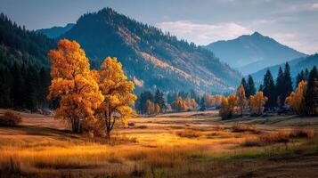 Vibrant autumn landscape with golden trees in a serene valley at sunset photo