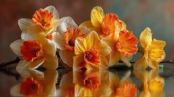 Vibrant daffodils reflect beautifully on calm water in a serene indoor setting during springtime photo
