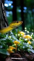 Bright yellow snake emerging from foliage in a dense forest during twilight with glowing mushrooms surrounding it photo