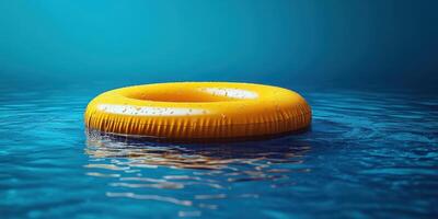 Bright yellow flotation ring gently floats on calm blue water reflecting light in serene tranquility photo