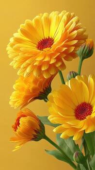 Bright yellow flowers create a cheerful display against a warm background in a garden setting photo