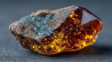 Unique amber mineral specimen resting on a dark surface under soft lighting revealing stunning details and natural colors photo