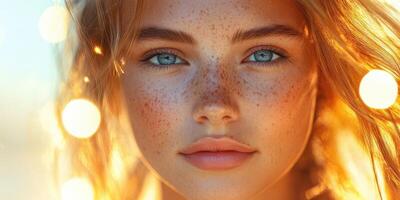 Captivating portrait of a young woman with freckles and bright blue eyes during golden hour photo