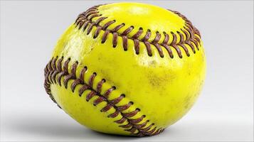 Bright yellow softball resting on a neutral background showcases its texture and stitching photo